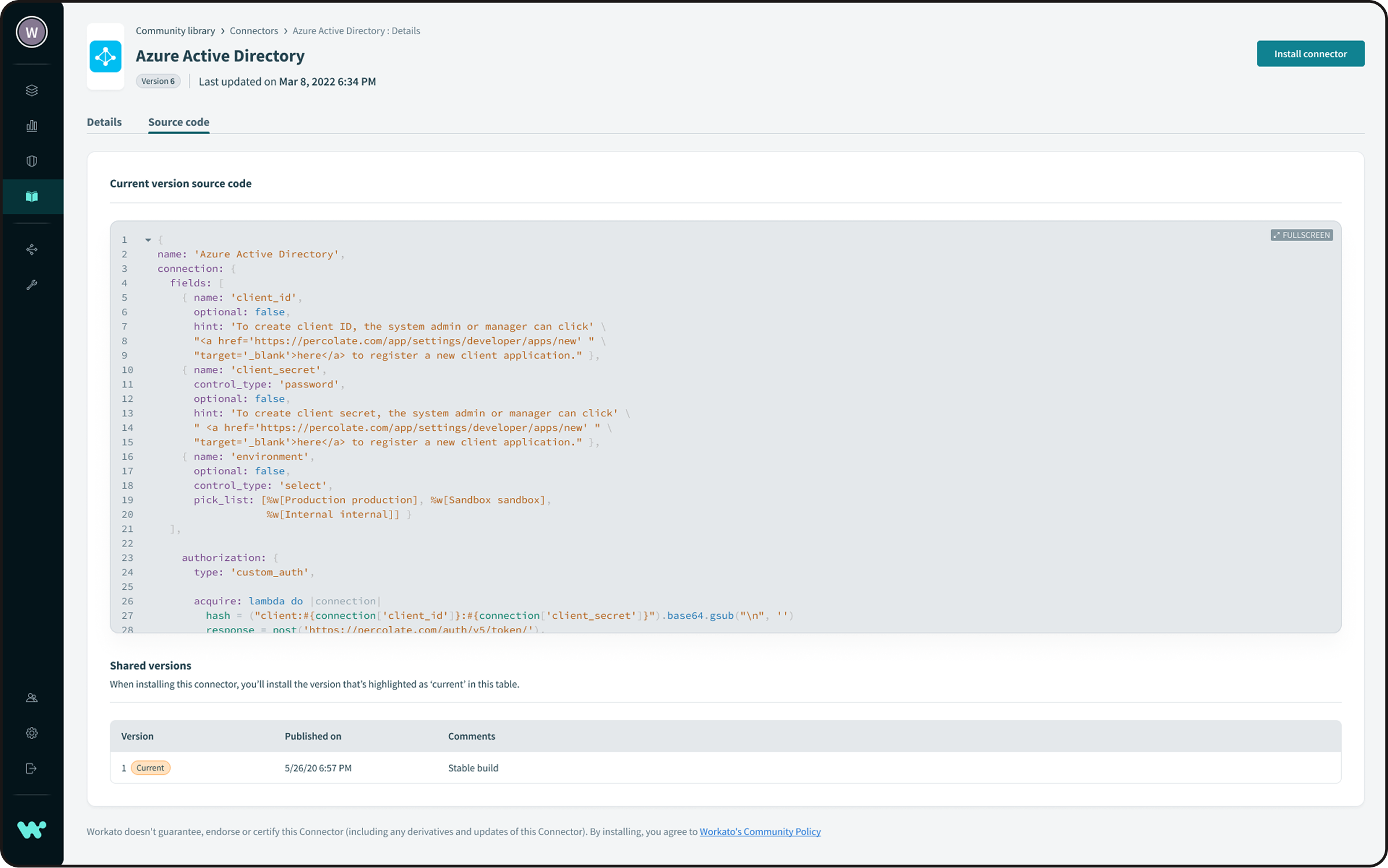 On this page, customers can view the connector's source code and check its current version.
