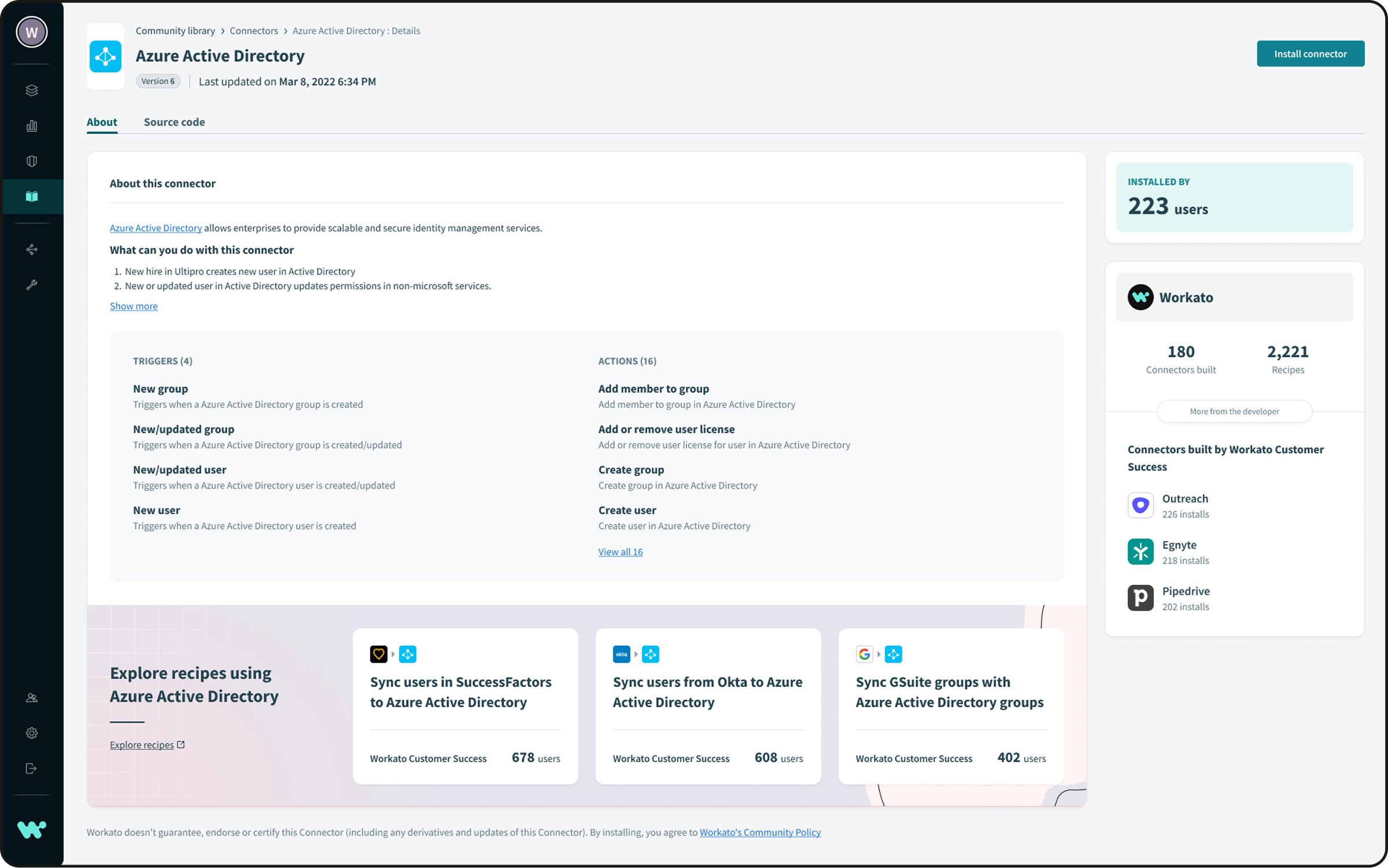 The About page provides essential information for customers, including the capabilities of the connector, its available triggers and actions, and recommended recipes for implementation.