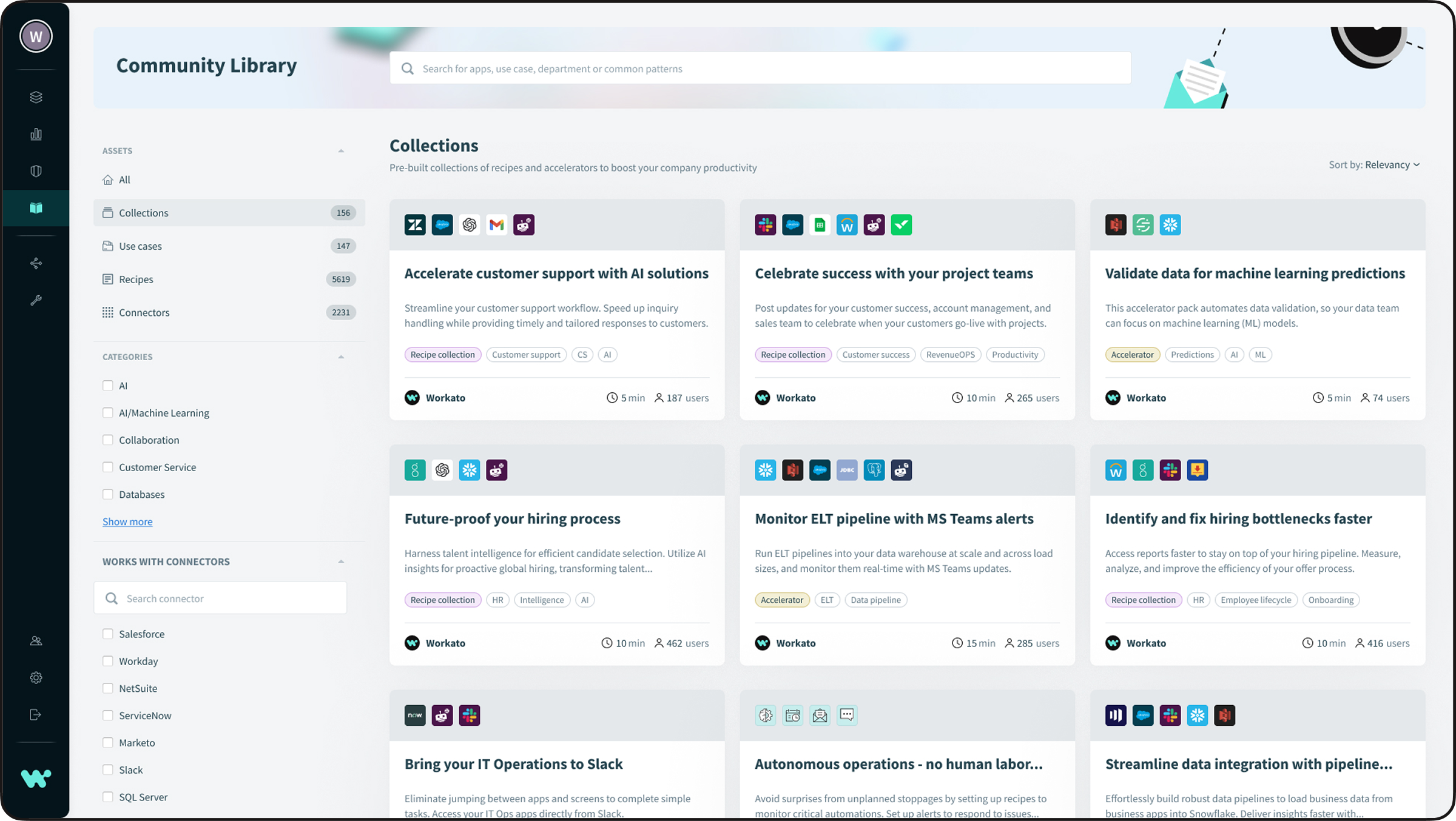 The Collections page is designed to showcase recipe collections and accelerators. Collections can be easily duplicated into a client's organizational workflow, whereas accelerators require customization to align with specific business processes.