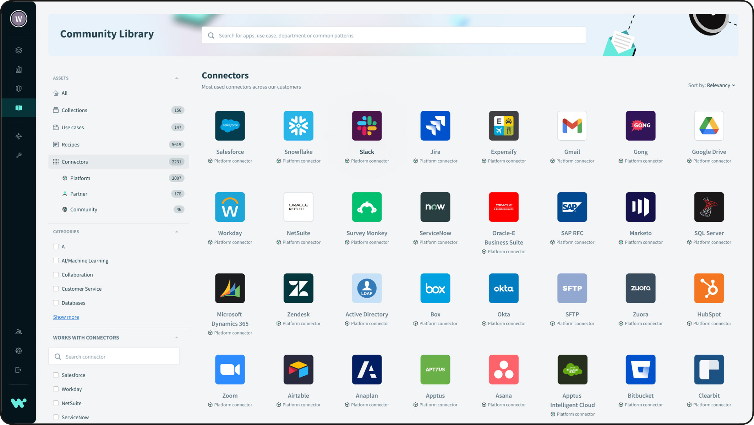 The Connectors page highlights all available connectors, including platform connectors, Workato-built connectors, partner integrations, and community-created connectors developed by our customers.
