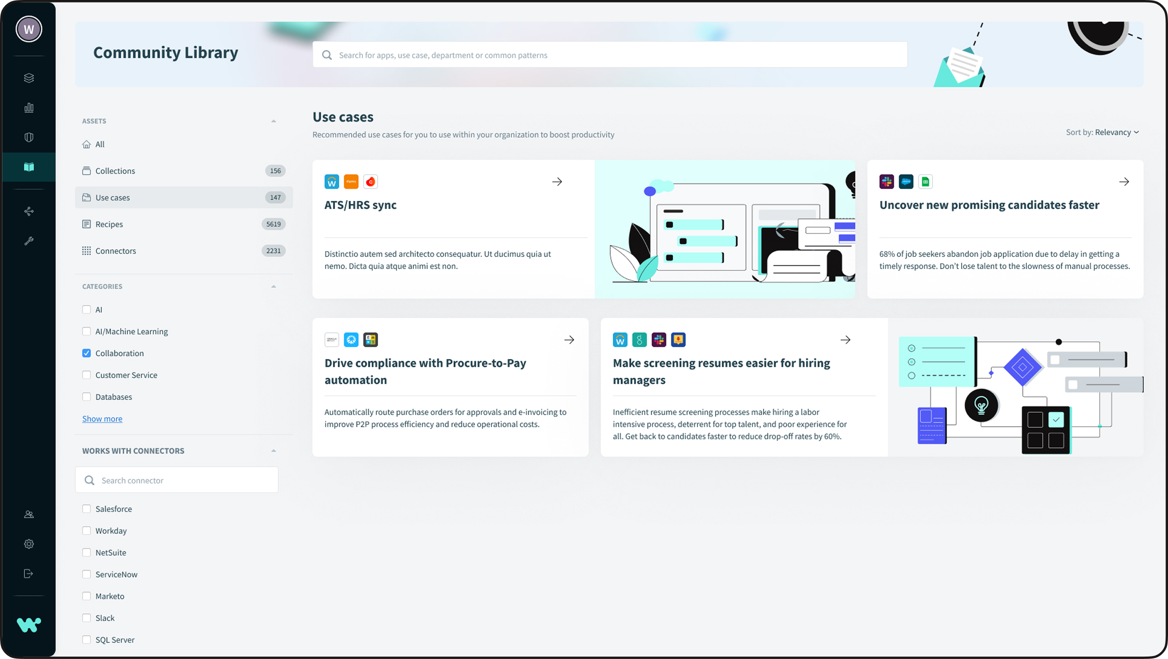 The Use Cases page features both collections and recipes from areas that customers can automate based on our data. It helps them discover new possibilities and explore what else they can achieve with Workato.